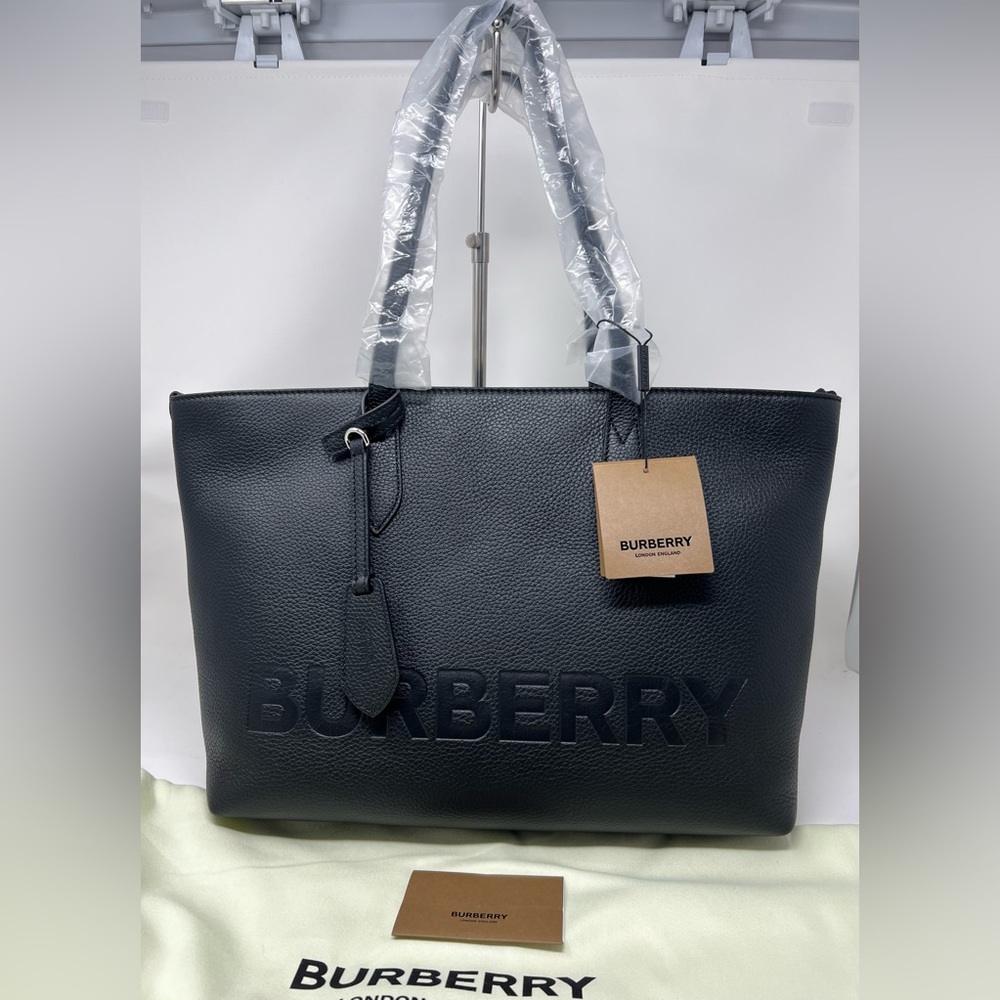 Burberry Ardwell Logo Embossed black Leather shopping Tote - Picture 3 of 16
